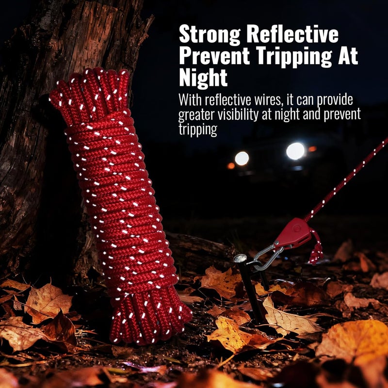 SOHIDAS Camping Rope Reflective Tent Rope Guyline with Ratchet Pulley, Tarp Tie Down Ropes for Tent Tarp, Canopy Shelter, Camping, 13ft Adjustable Guy Line for Canopy Tent 4 Pack Guy Lines Tents Cords - Image 4